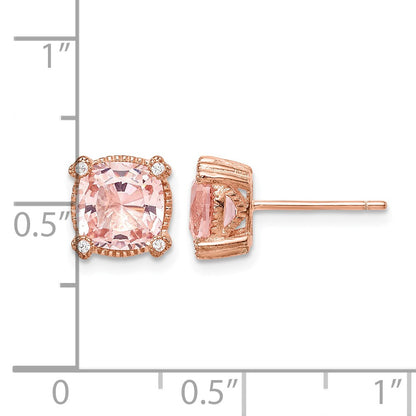 Sterling Silver Rose-tone Polished Textured Pink Crystal & CZ Post Earrings