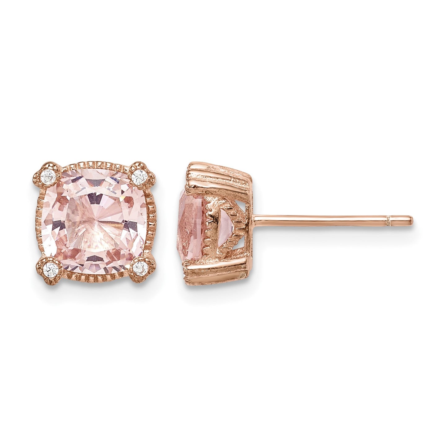Sterling Silver Rose-tone Polished Textured Pink Crystal & CZ Post Earrings