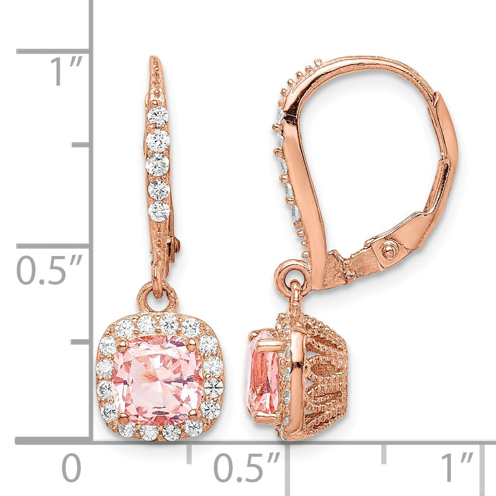 Sterling Silver Rose-tone Pink Crystal & CZ Halo Leverback Dangle Earrings