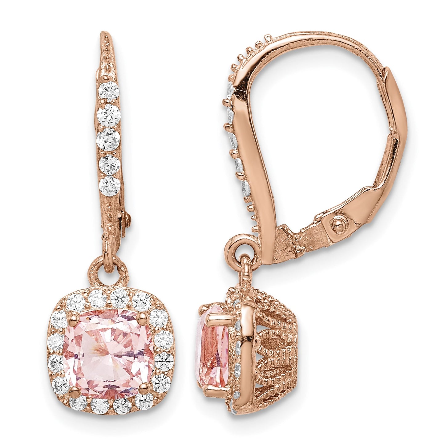 Sterling Silver Rose-tone Pink Crystal & CZ Halo Leverback Dangle Earrings