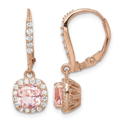 Sterling Silver Rose-tone Pink Crystal & CZ Halo Leverback Dangle Earrings