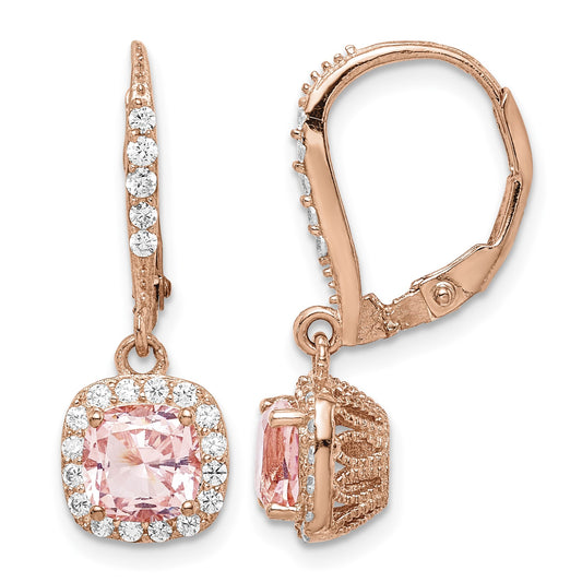 Sterling Silver Rose-tone Pink Crystal & CZ Halo Leverback Dangle Earrings