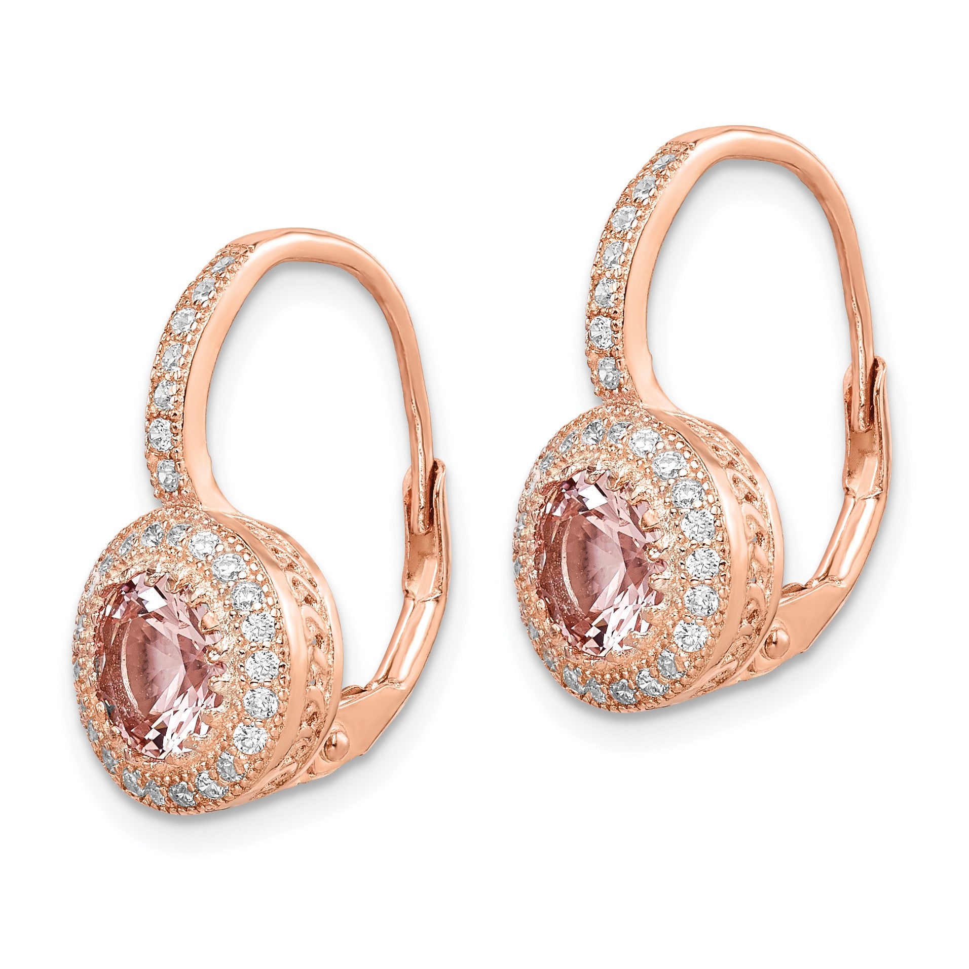 Sterling Silver Rose-tone Polished Pink Crystal/CZ Halo Leverback Earrings
