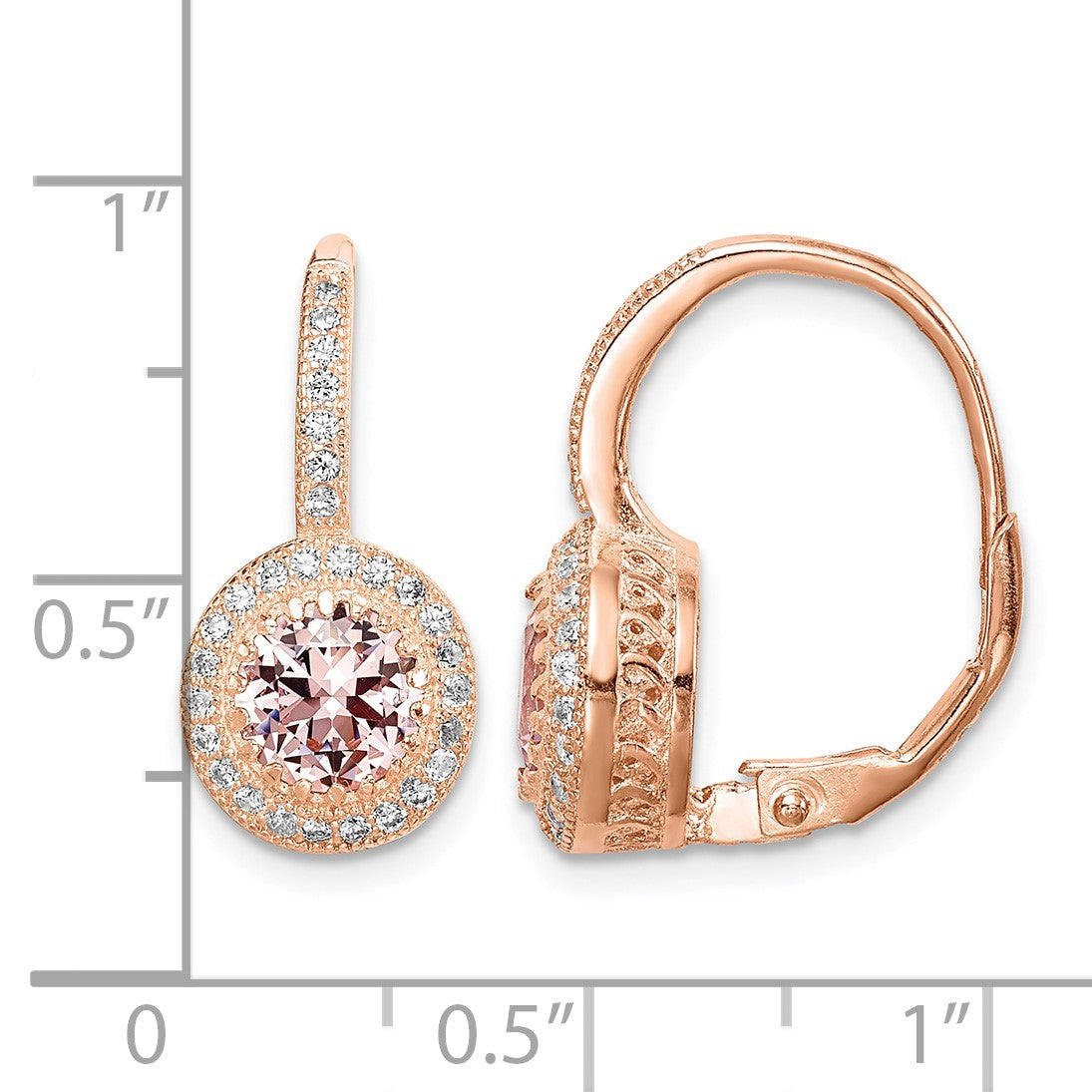Sterling Silver Rose-tone Polished Pink Crystal/CZ Halo Leverback Earrings