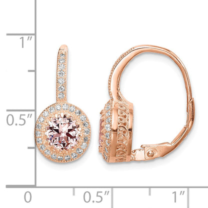 Sterling Silver Rose-tone Polished Pink Crystal/CZ Halo Leverback Earrings
