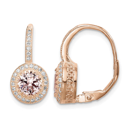 Sterling Silver Rose-tone Polished Pink Crystal/CZ Halo Leverback Earrings