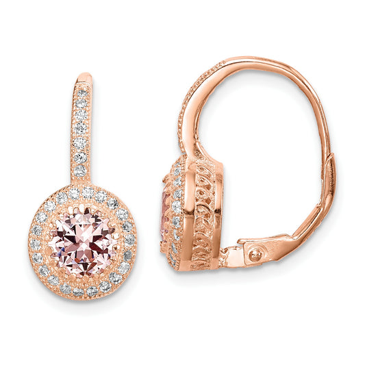 Sterling Silver Rose-tone Polished Pink Crystal/CZ Halo Leverback Earrings