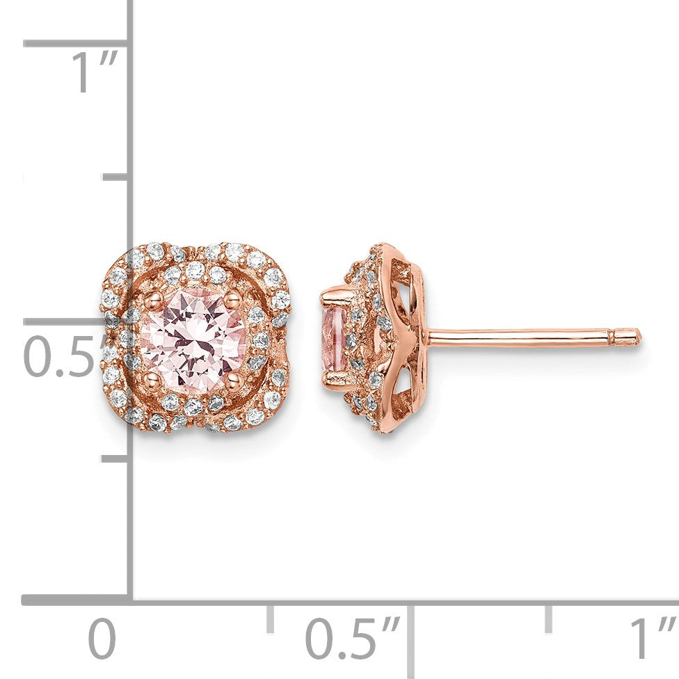 Sterling Silver Rose Gold-plated Polished Pink Crystal & CZ Post Earrings