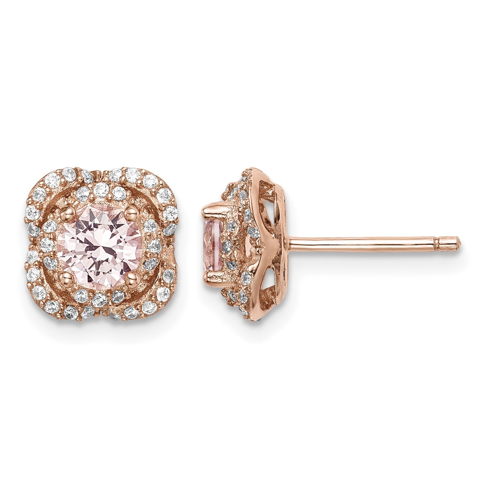 Sterling Silver Rose Gold-plated Polished Pink Crystal & CZ Post Earrings