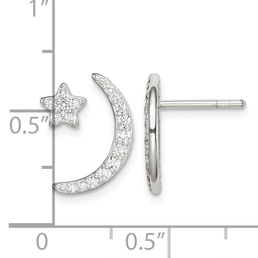 Sterling Silver Polished CZ Moon and Star Post Earrings