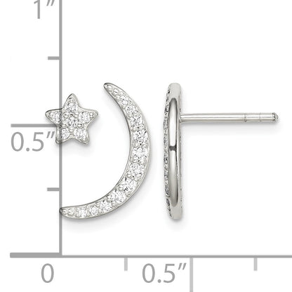 Sterling Silver Polished CZ Moon and Star Post Earrings