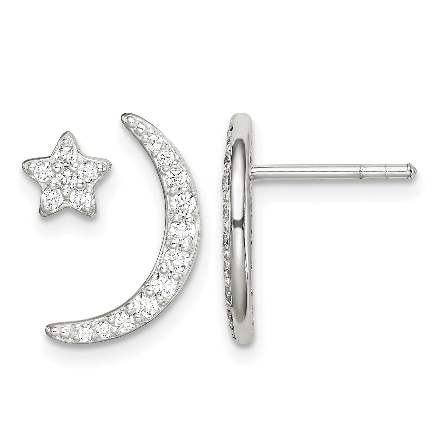 Sterling Silver Polished CZ Moon and Star Post Earrings