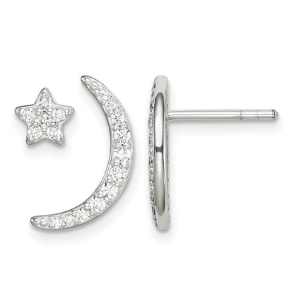 Sterling Silver Polished CZ Moon and Star Post Earrings