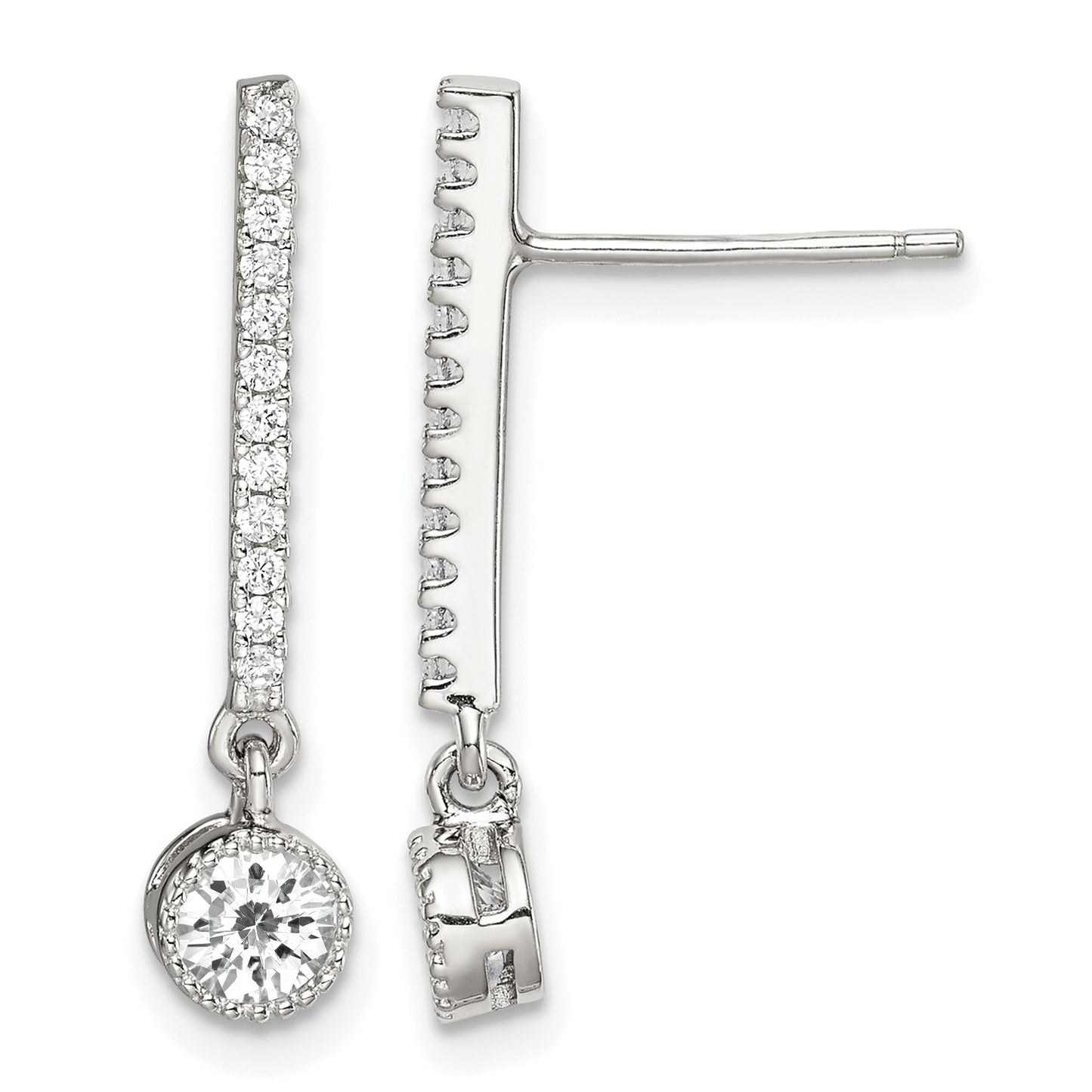 Sterling Silver Rhodium-plated Polished CZ Bar Post Dangle Earrings