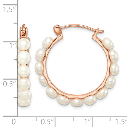 Sterling Silver Rose-tone 18k Flash Gold-plated 4-5mm White Button Freshwater Cultured Pearl Hoop Earrings