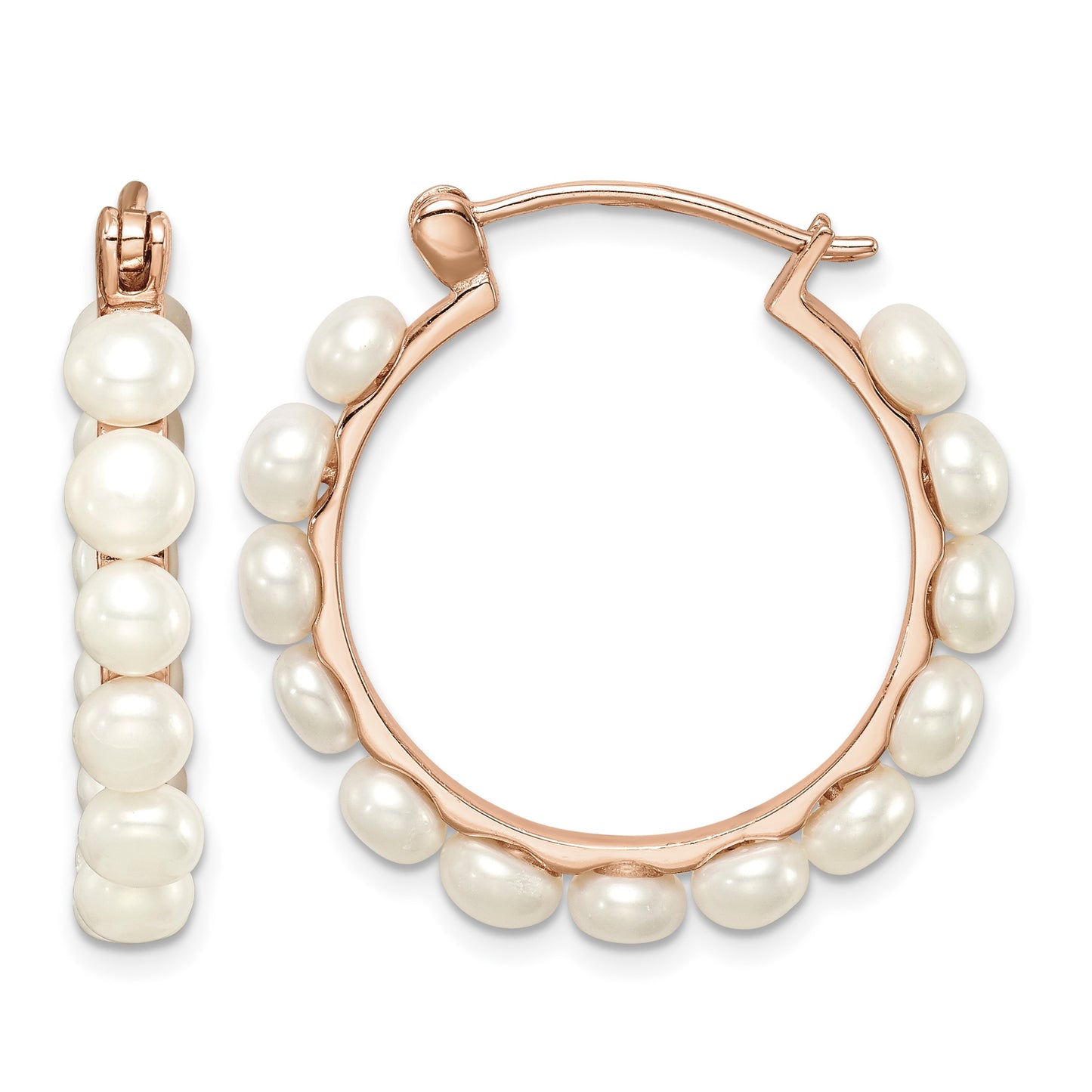 Sterling Silver Rose-tone 18k Flash Gold-plated 4-5mm White Button Freshwater Cultured Pearl Hoop Earrings
