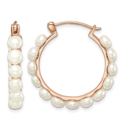 Sterling Silver Rose-tone 18k Flash Gold-plated 4-5mm White Button Freshwater Cultured Pearl Hoop Earrings