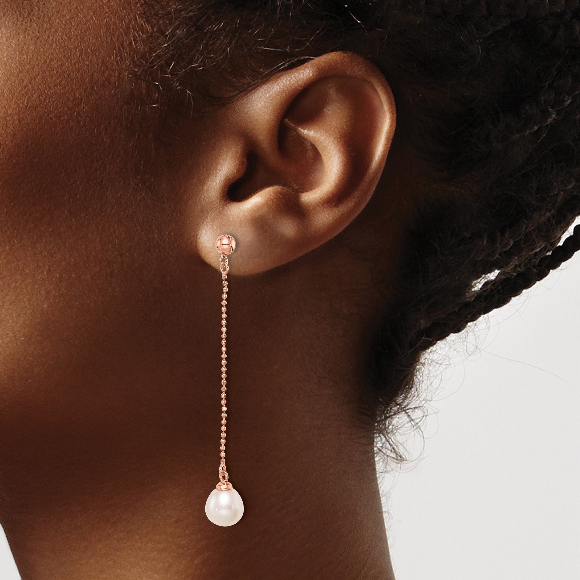 Sterling Silver Rose-tone 18k Flash Gold-plated 7-8mm White Rice Freshwater Cultured Pearl Post Dangle Earrings