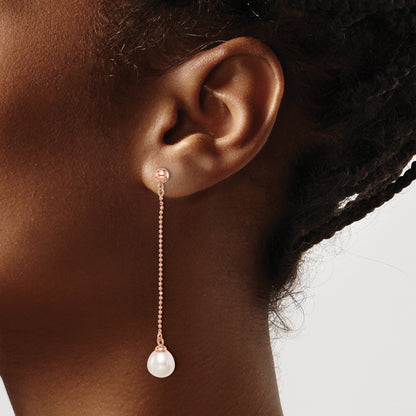 Sterling Silver Rose-tone 18k Flash Gold-plated 7-8mm White Rice Freshwater Cultured Pearl Post Dangle Earrings