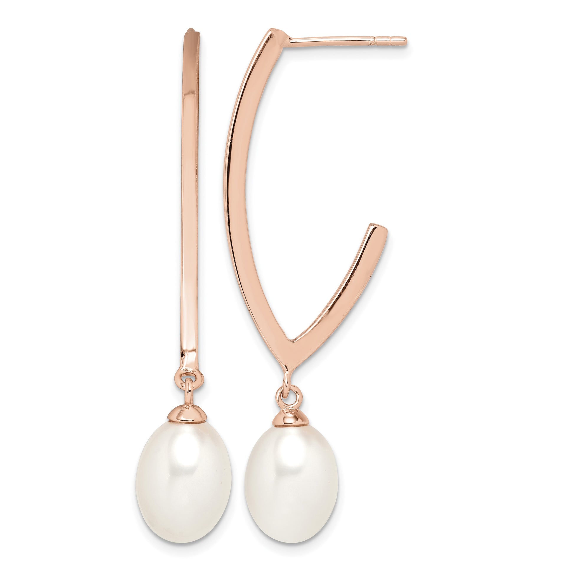 Sterling Silver Rose-tone 18k Flash Gold-plated 8-9mm White Rice Freshwater Cultured Pearl Post Dangle Earrings