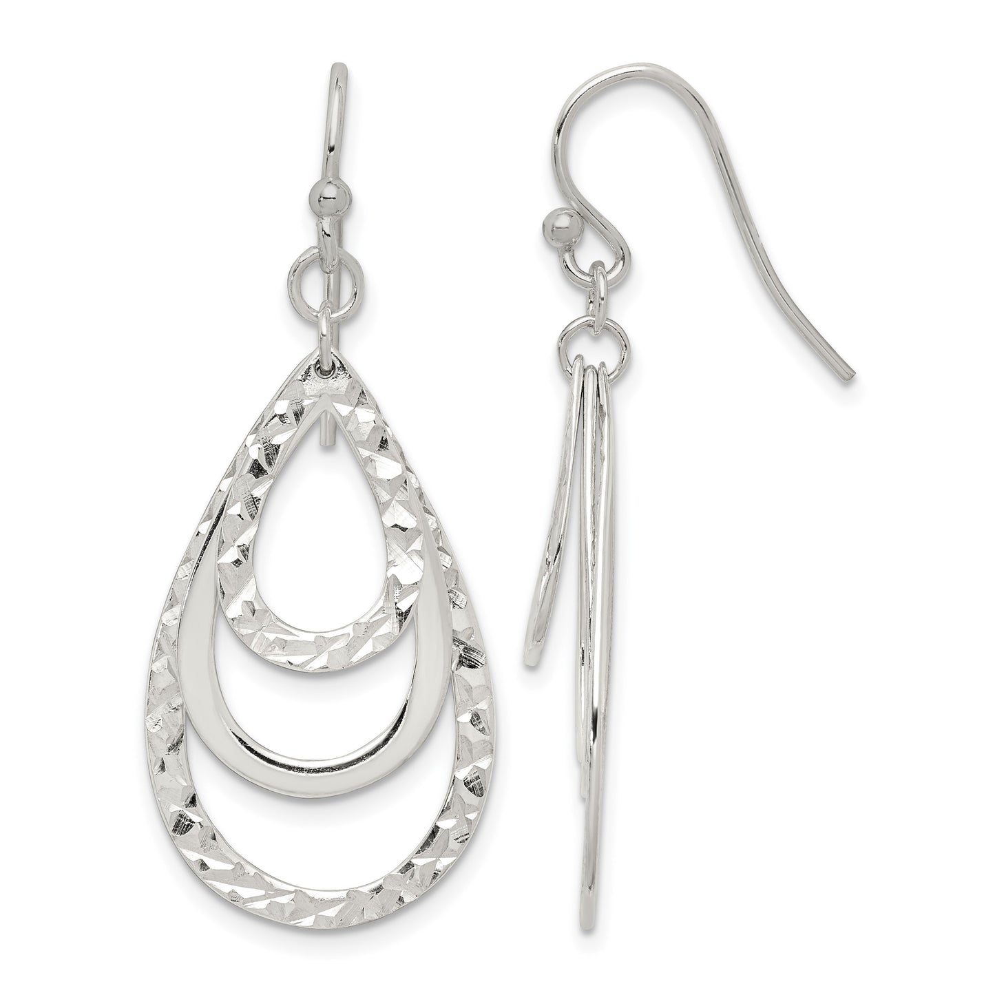 Sterling Silver Polished & Diamond-cut Triple Teardrop Dangle Earrings