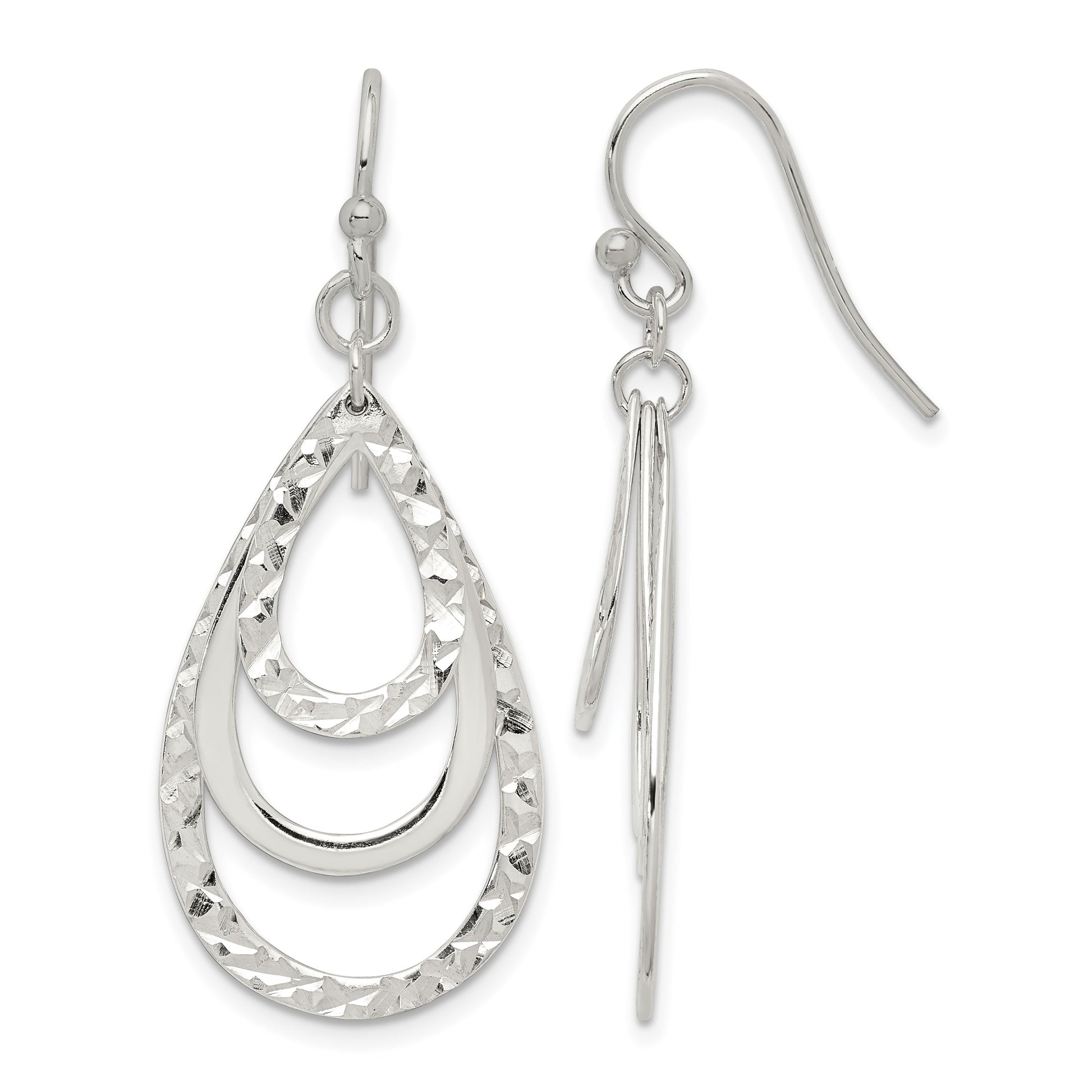 Sterling Silver Polished & Diamond-cut Triple Teardrop Dangle Earrings