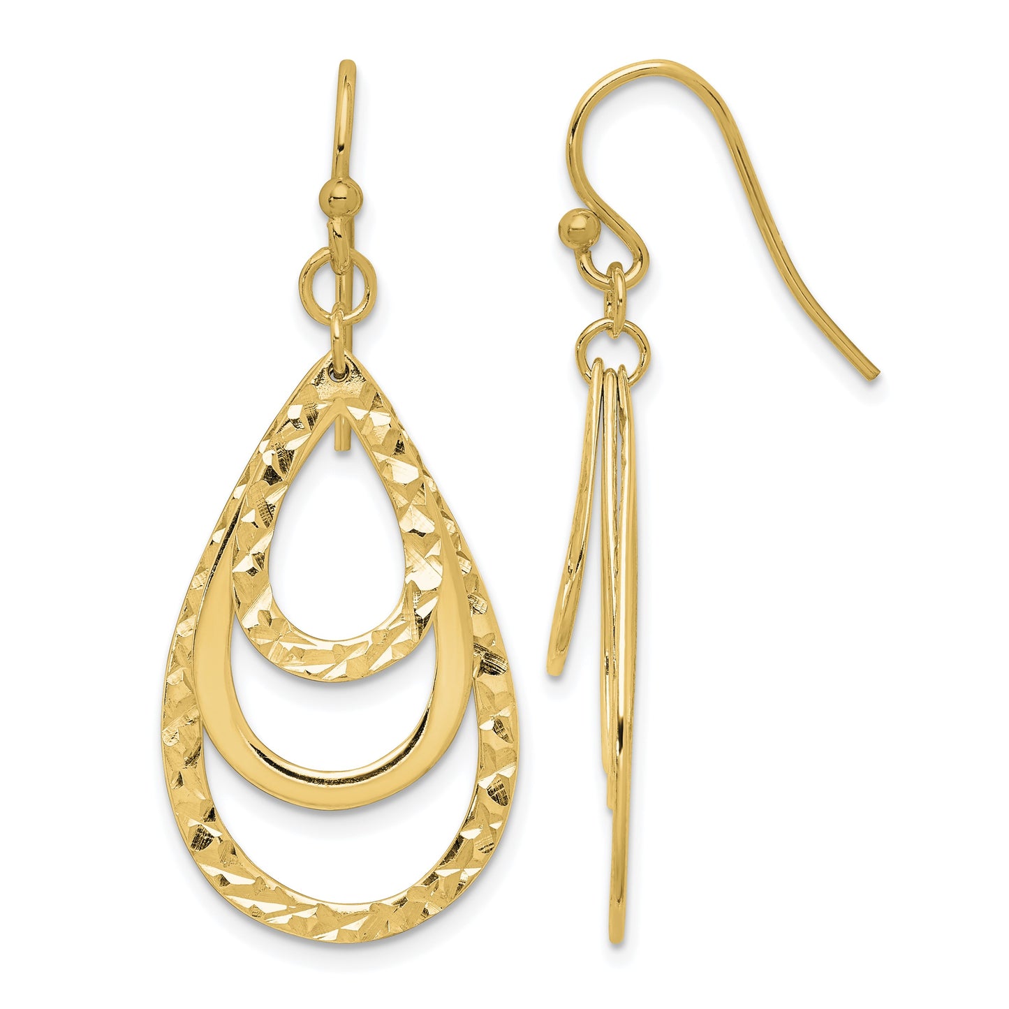 Sterling Silver Gold-tone Polished & Diamond-cut Triple Teardrop Dangle Ear