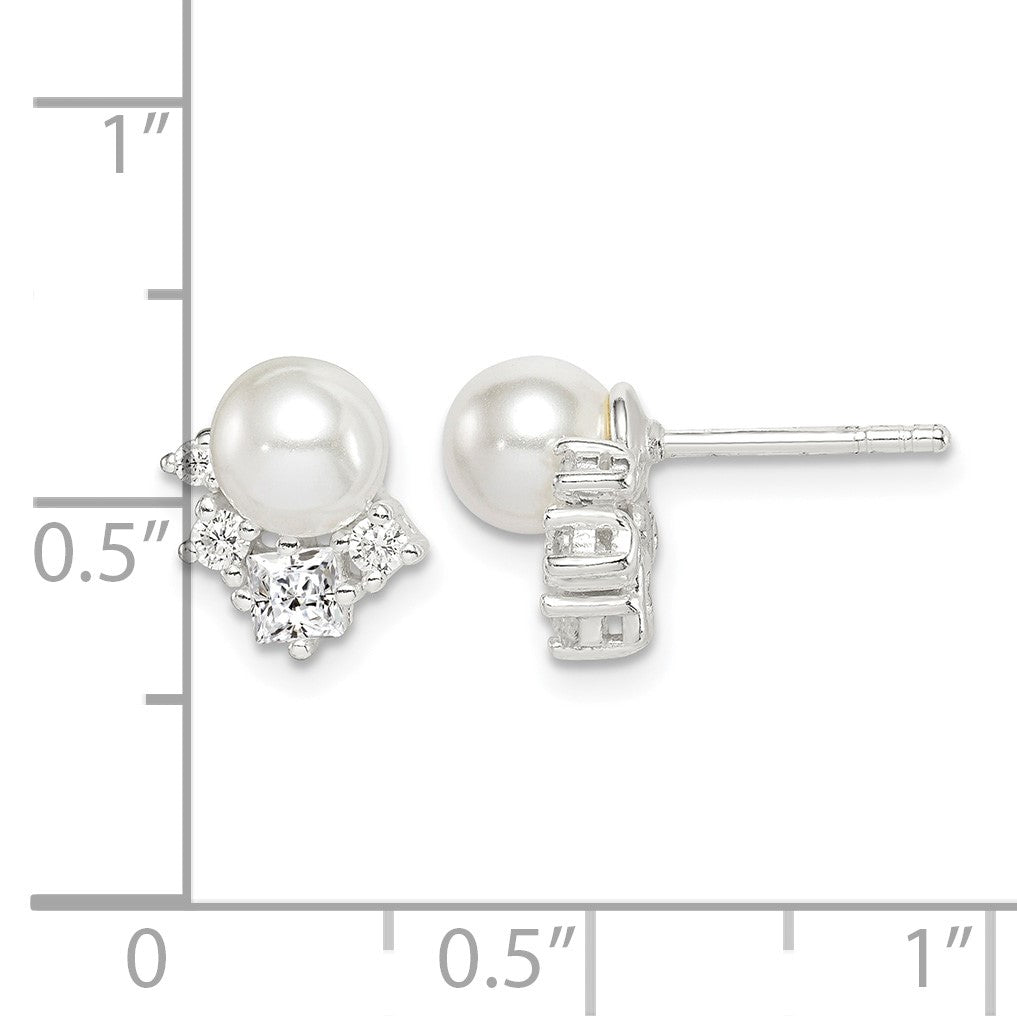 Sterling Silver CZ and Glass Pearl Post Earrings