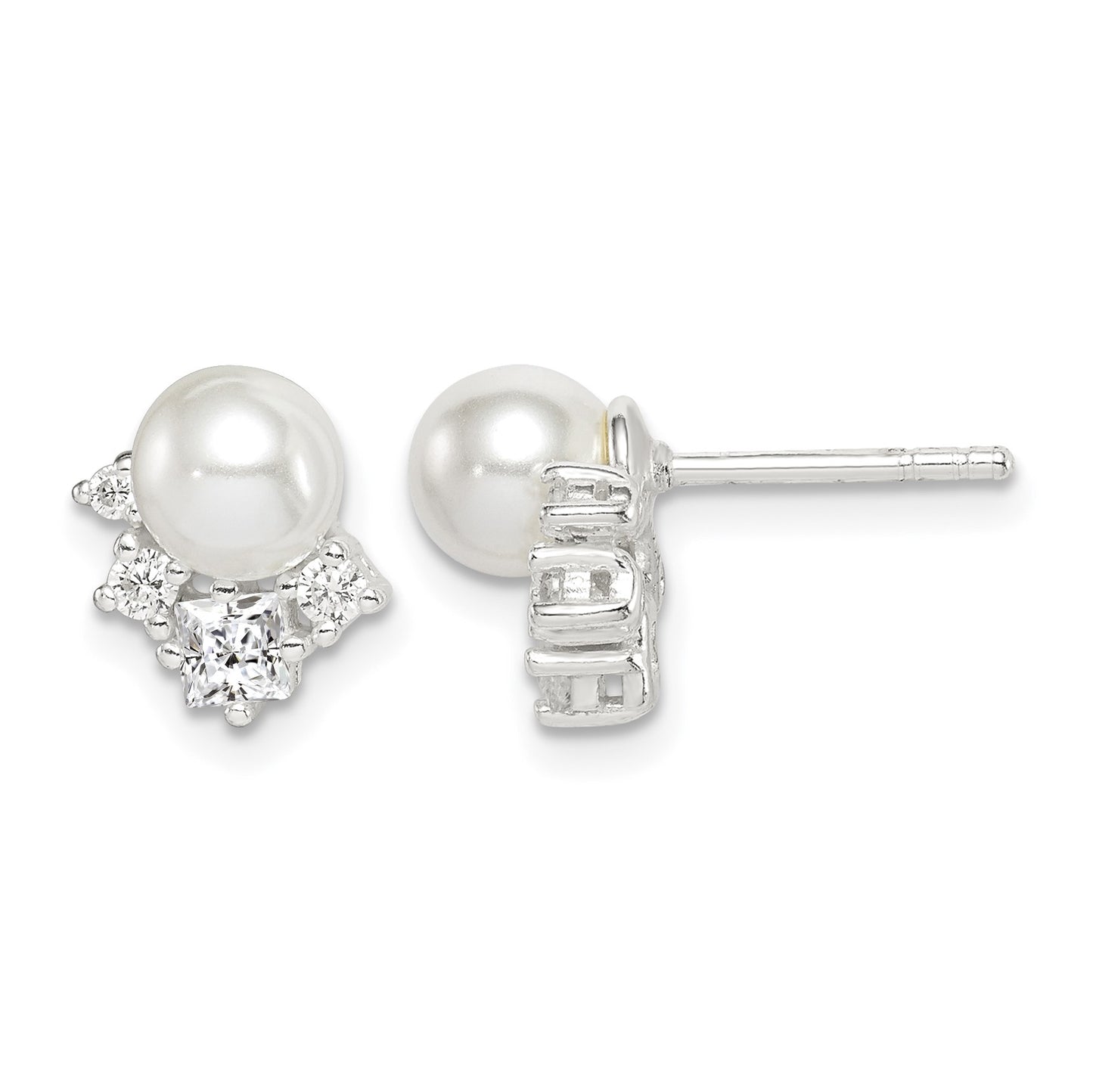 Sterling Silver CZ and Glass Pearl Post Earrings