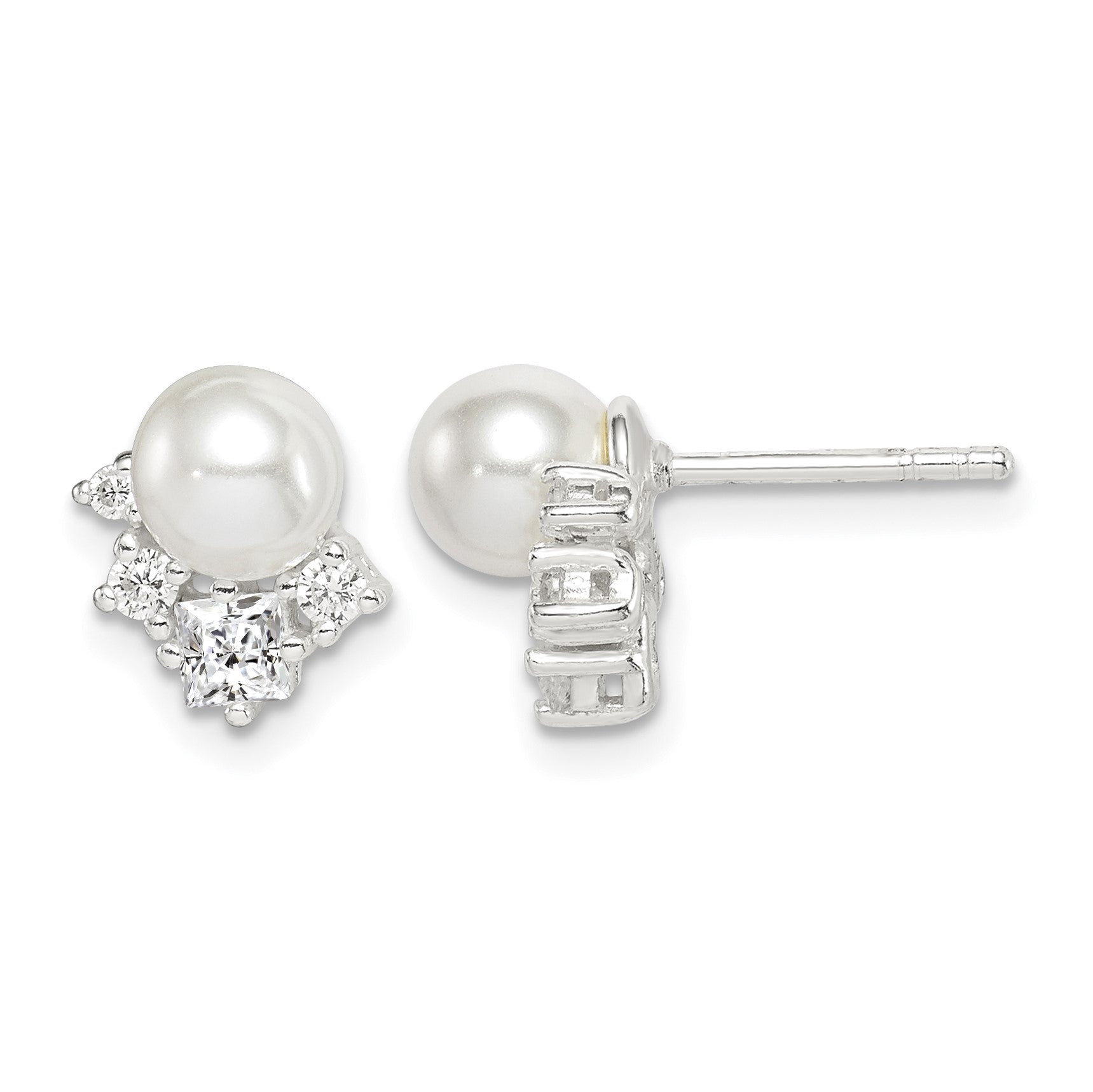 Sterling Silver CZ and Glass Pearl Post Earrings