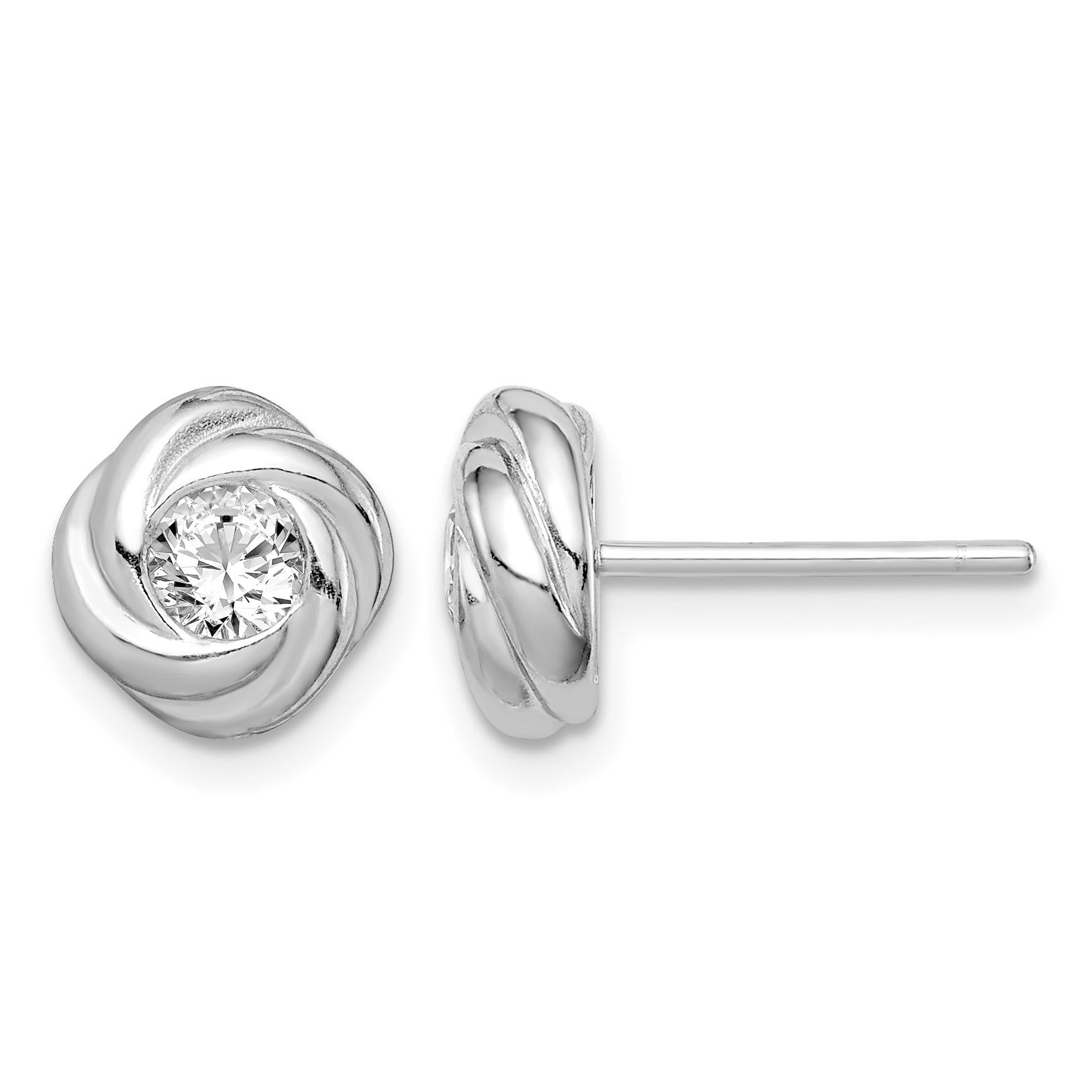 Sterling Silver Rhodium Plated CZ Knot Post Earrings