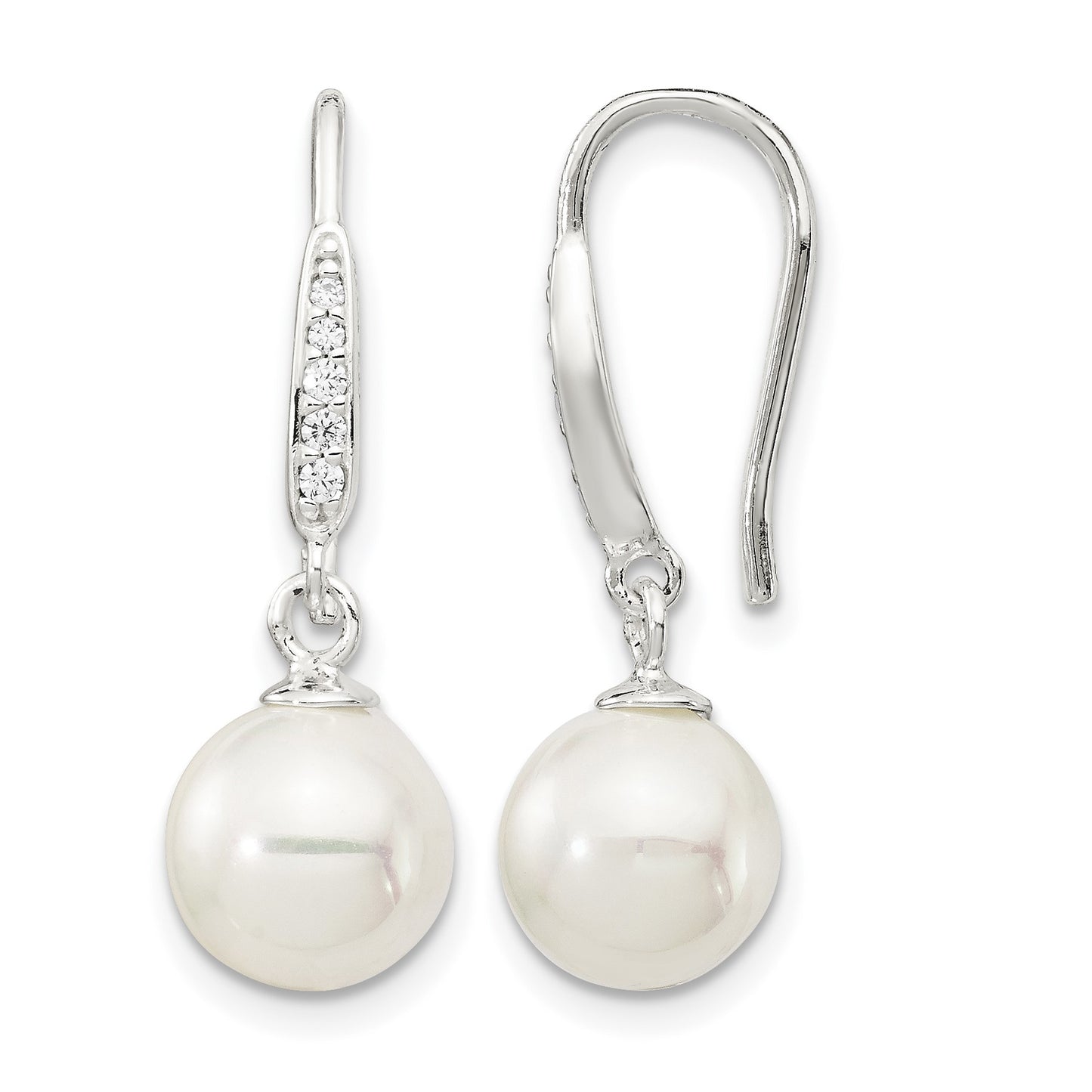 Sterling Silver Rhodium-plated Polished White 7-8mm Shell Pearl & CZ Dangle Earrings