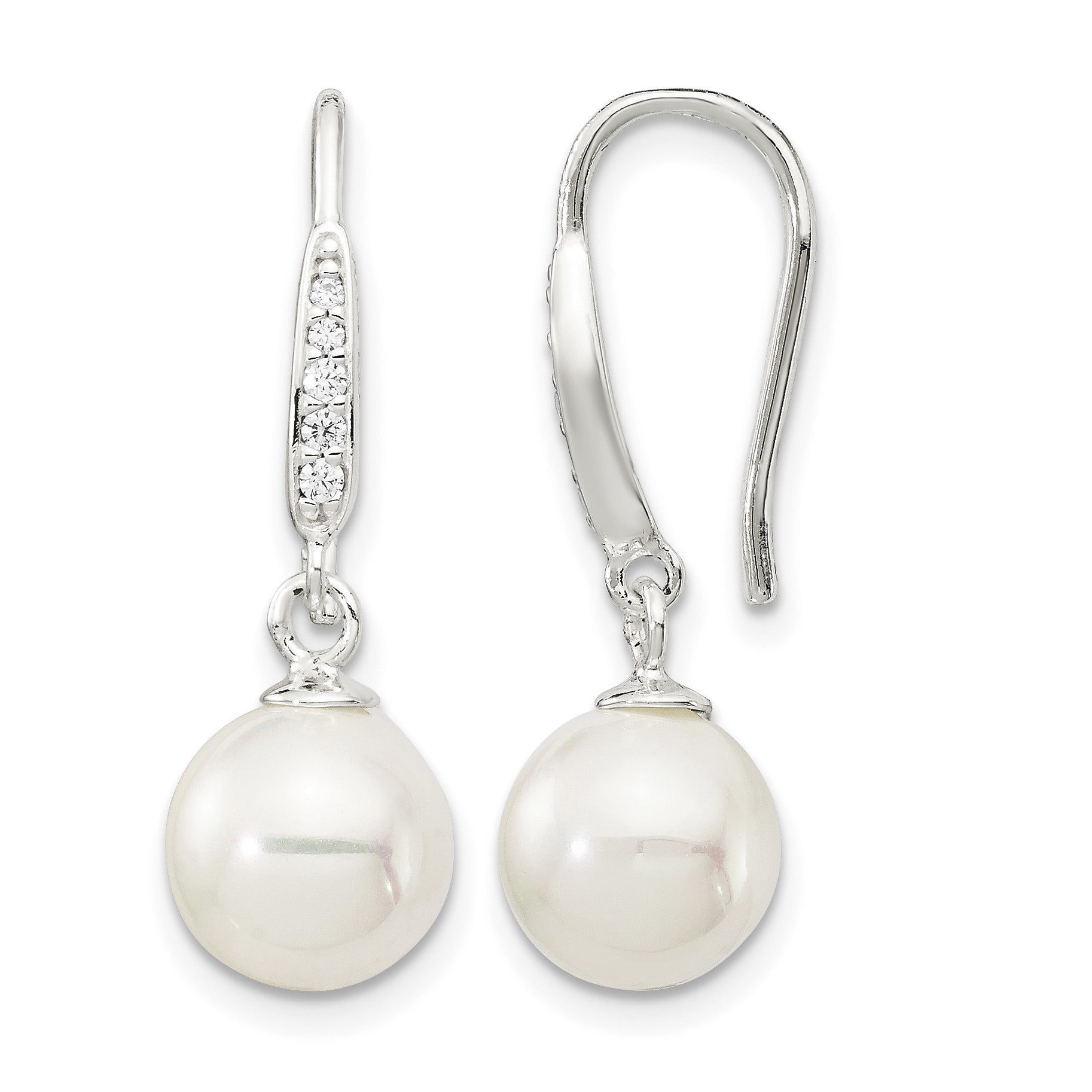 Sterling Silver Rhodium-plated Polished White 7-8mm Shell Pearl & CZ Dangle Earrings