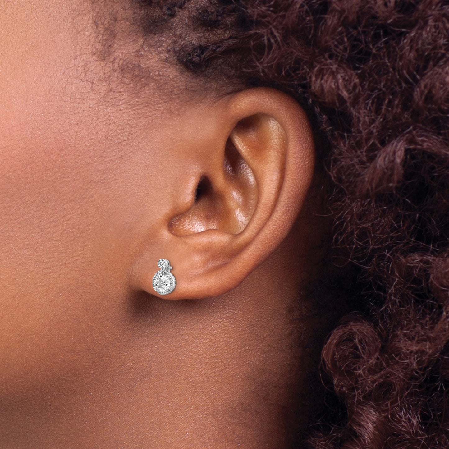 Sterling Silver RH-plated Polished & Beaded Double CZ Circle Post Earrings