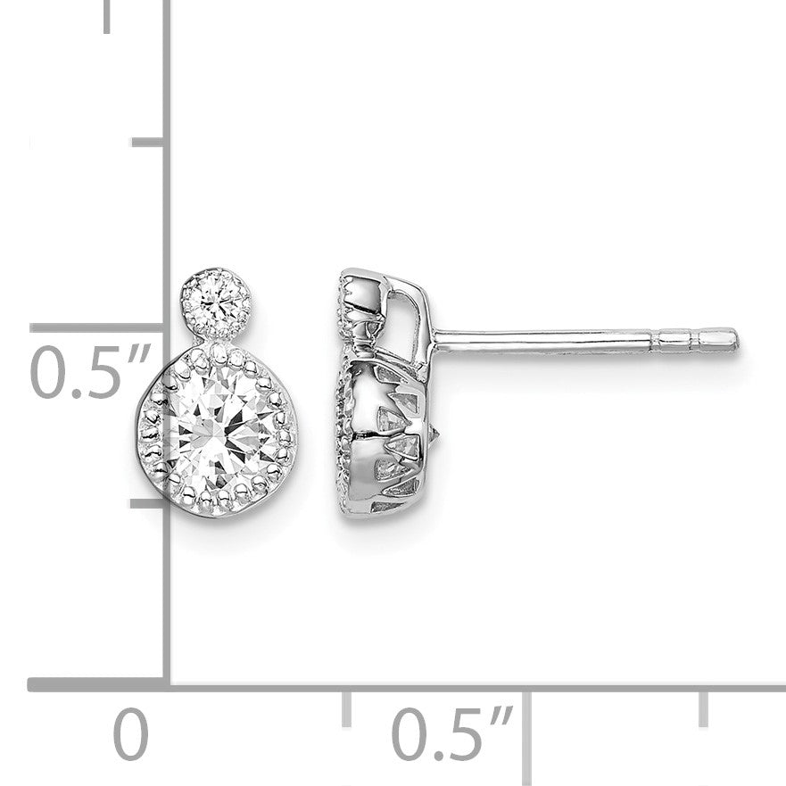 Sterling Silver RH-plated Polished & Beaded Double CZ Circle Post Earrings