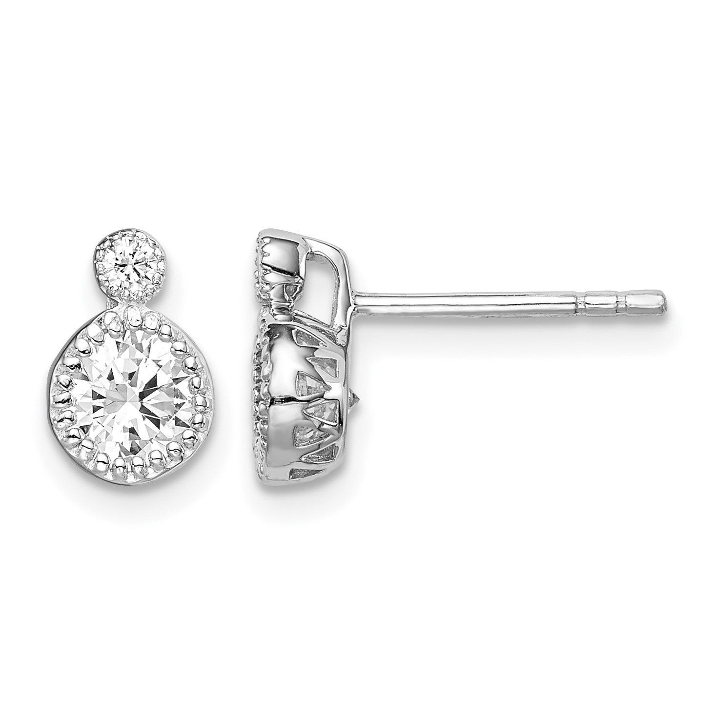 Sterling Silver RH-plated Polished & Beaded Double CZ Circle Post Earrings