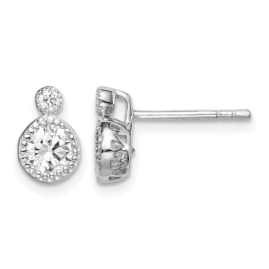 Sterling Silver RH-plated Polished & Beaded Double CZ Circle Post Earrings