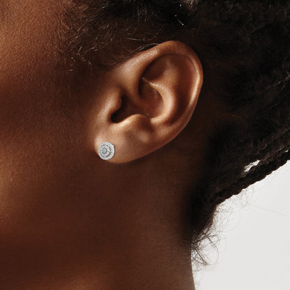 Sterling Silver RH-plated Polished & Textured Diamond Circle Post Earrings