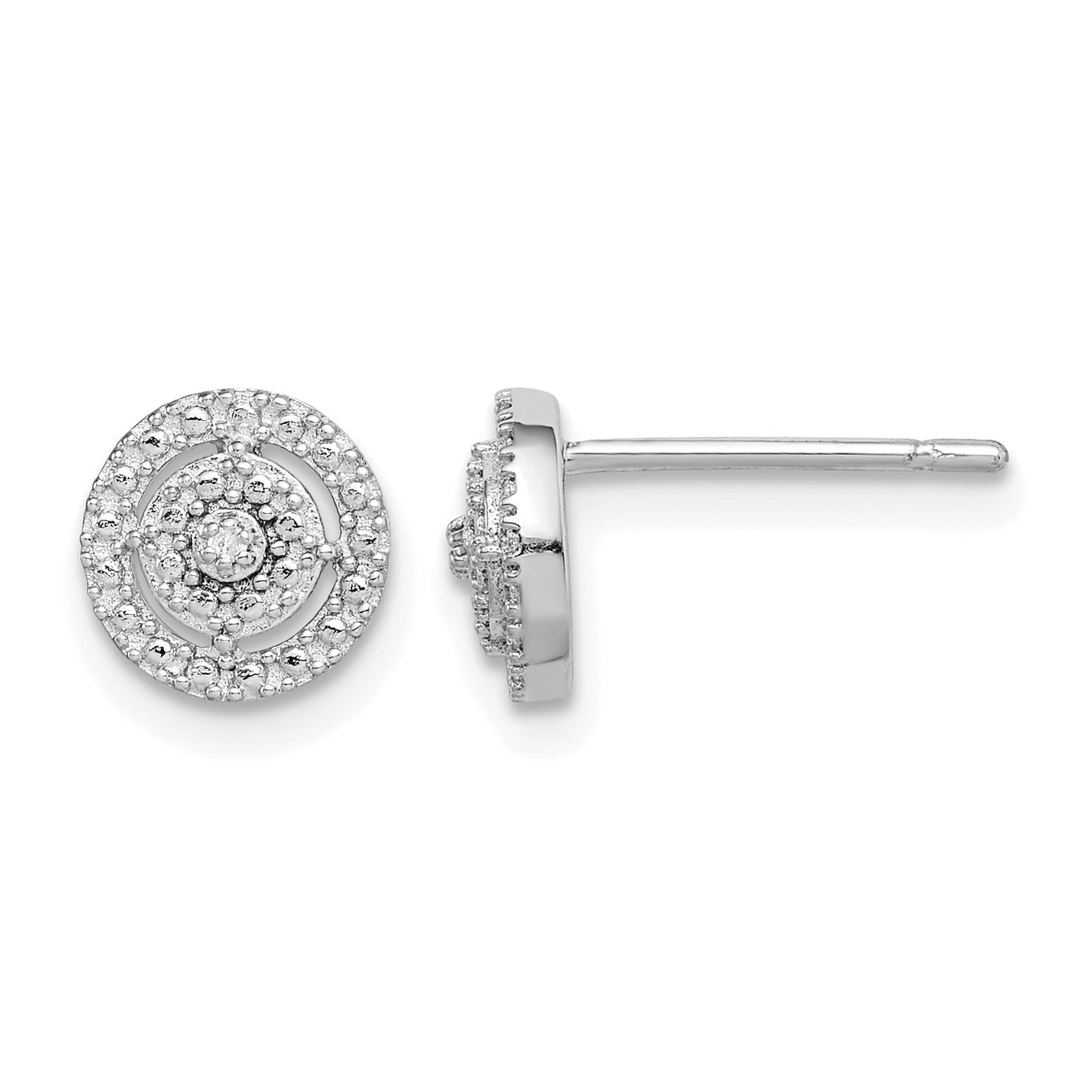 Sterling Silver RH-plated Polished & Textured Diamond Circle Post Earrings