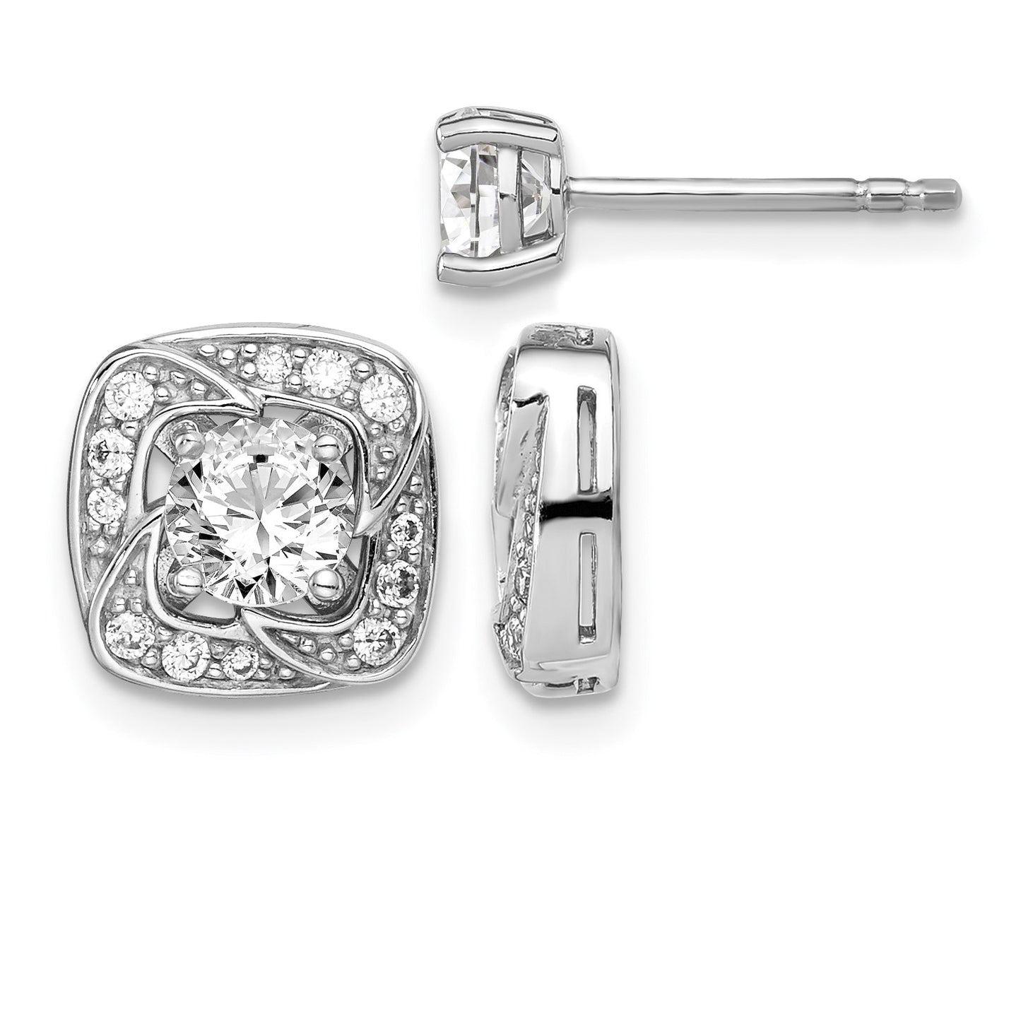 Sterling Silver RH-plated 5mm Round CZ Post w/ Square Jackets Earrings
