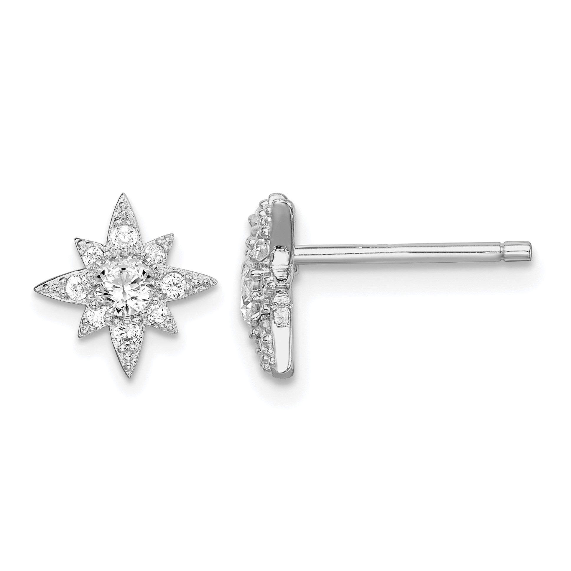 Sterling Silver Rhodium-plated Polished & Beaded CZ Star Post Earrings