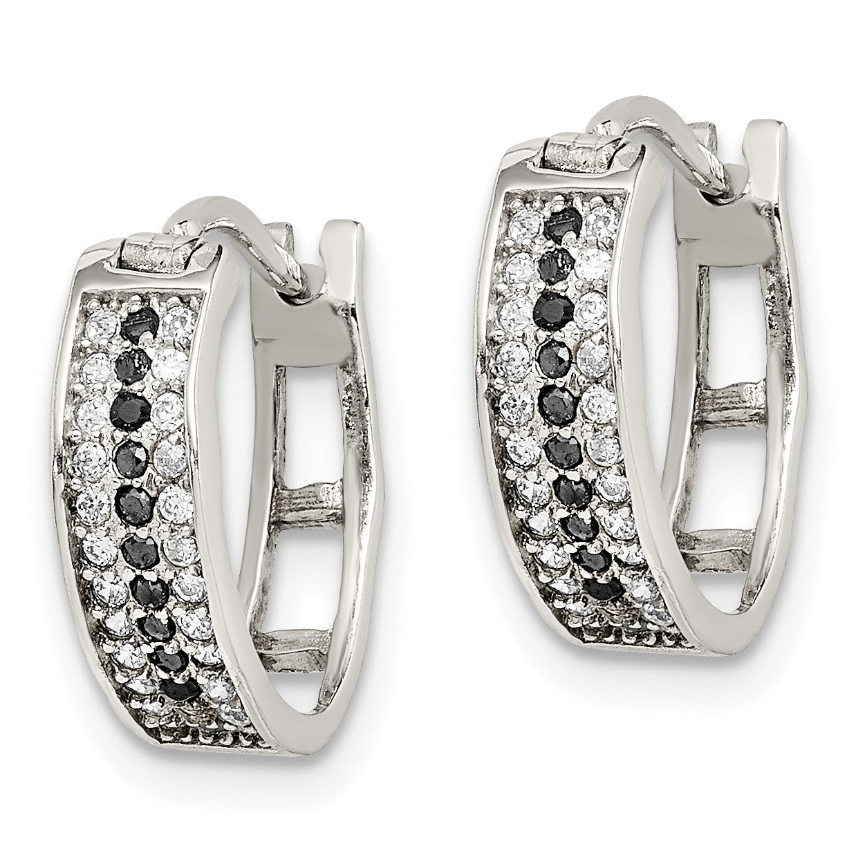 Sterling Silver RH-pltd Polished Black/White CZ 4mm Round Hoop Earrings