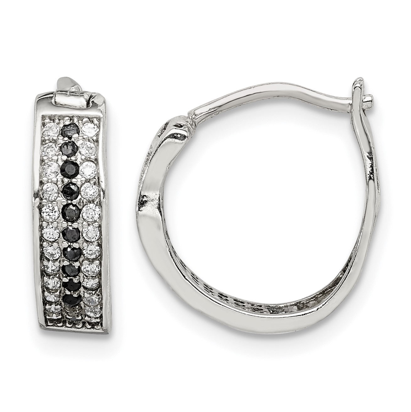 Sterling Silver RH-pltd Polished Black/White CZ 4mm Round Hoop Earrings