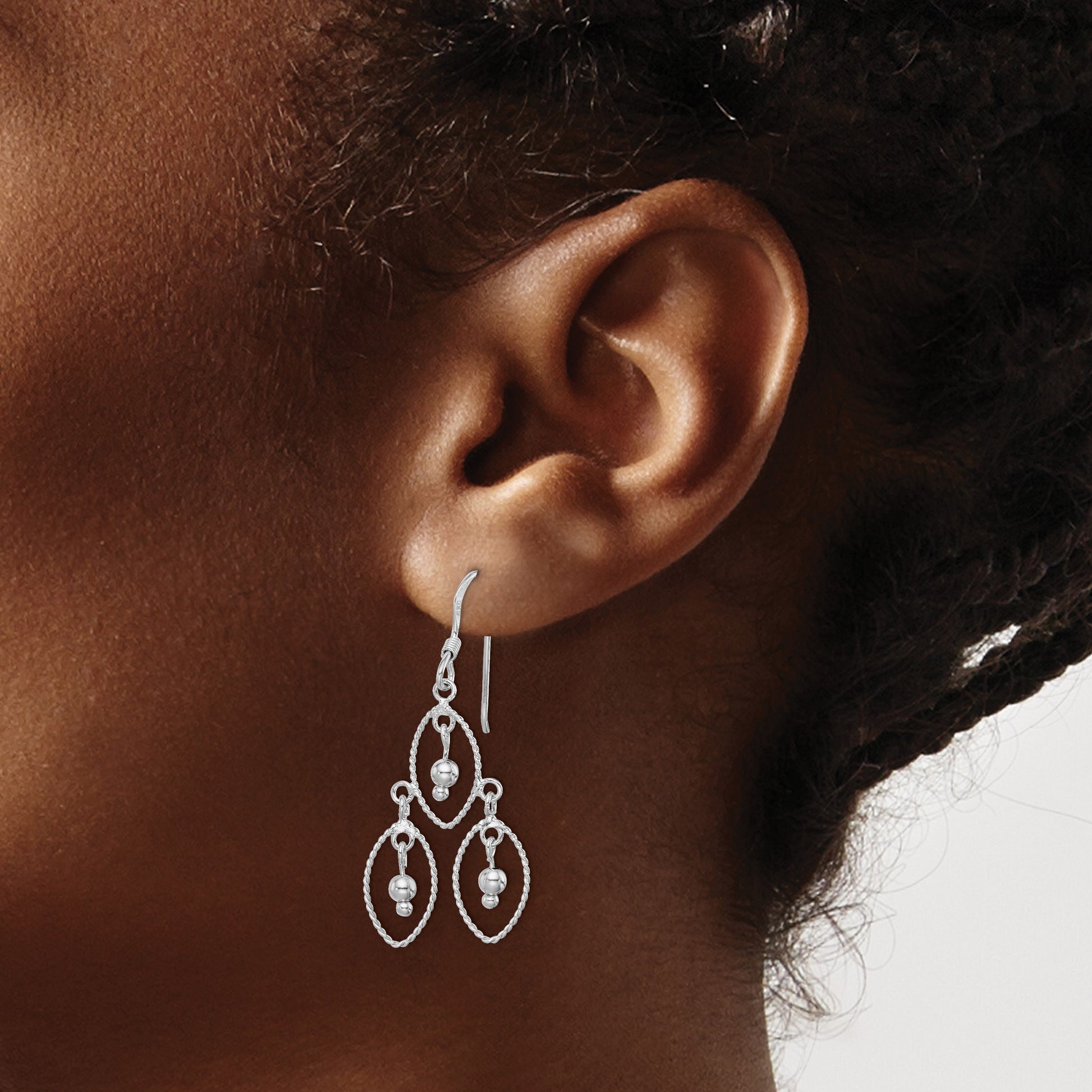 Sterling Silver Rhodium-plated Polished Textured & Beaded Dangle Earrings