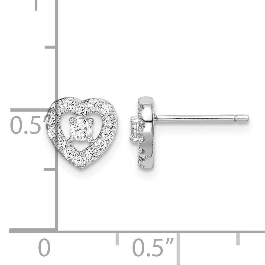 Sterling Silver Rhodium-plated CZ Heart Post Earrings