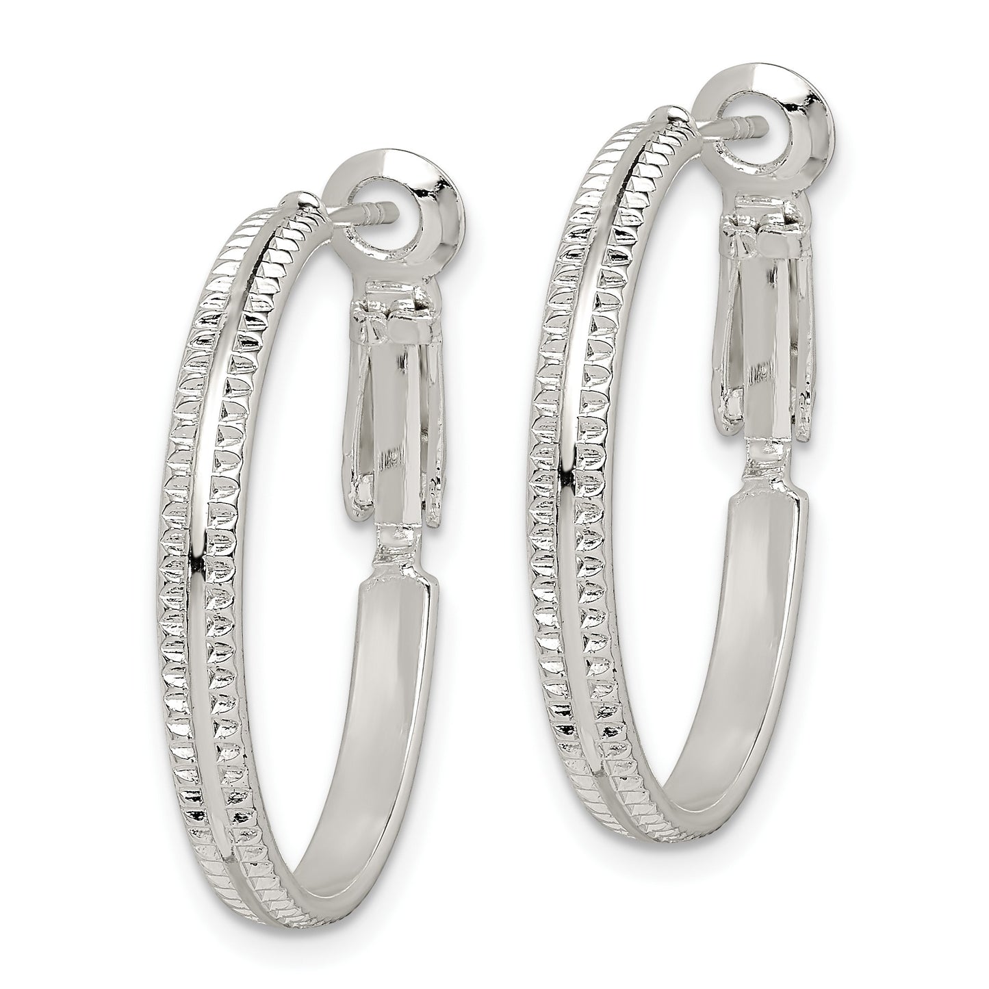 Sterling Silver Milgrain 2.25x25mm Omega Back Round Hoop Earrings