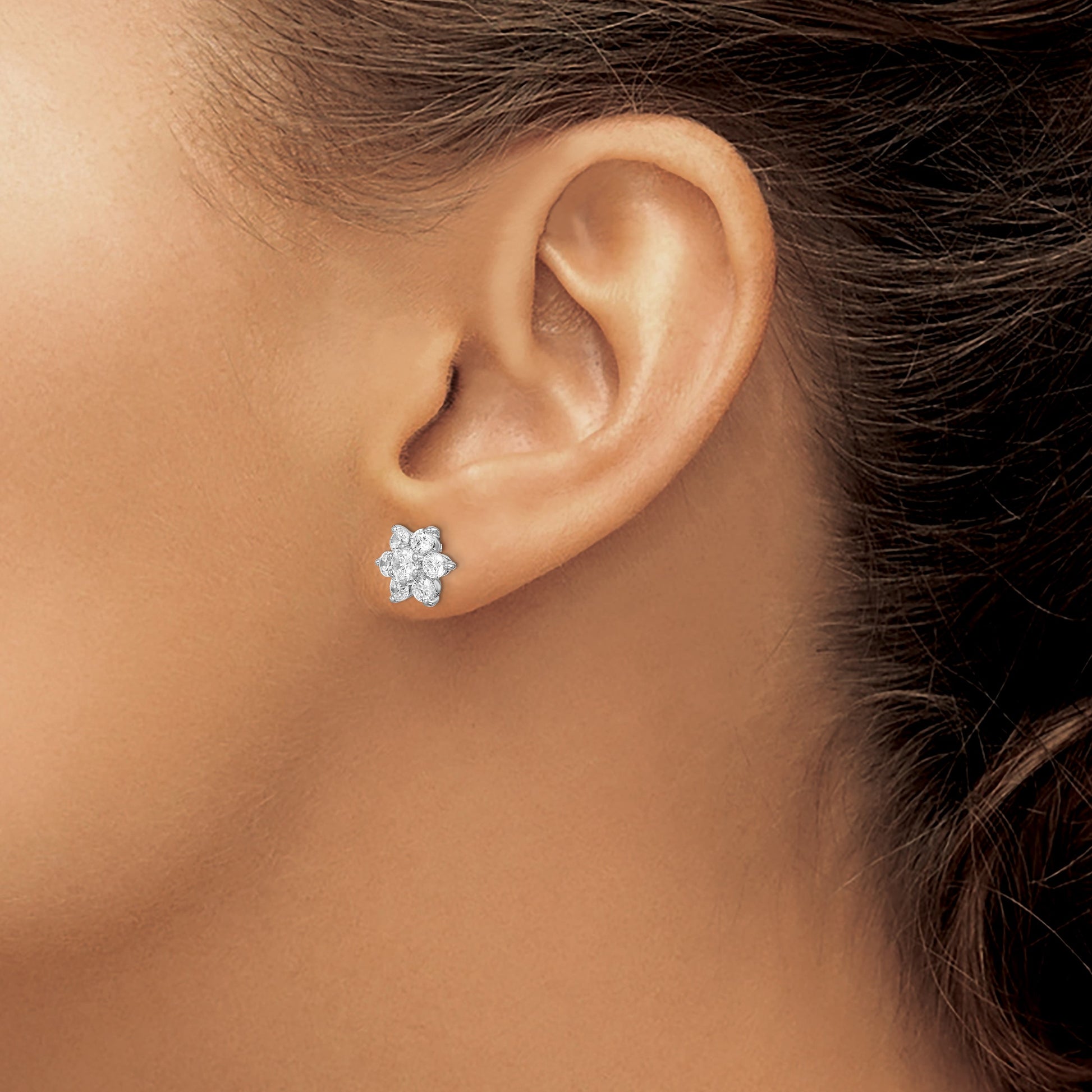 Sterling Silver Rhodium Plated CZ Post Flower Earrings