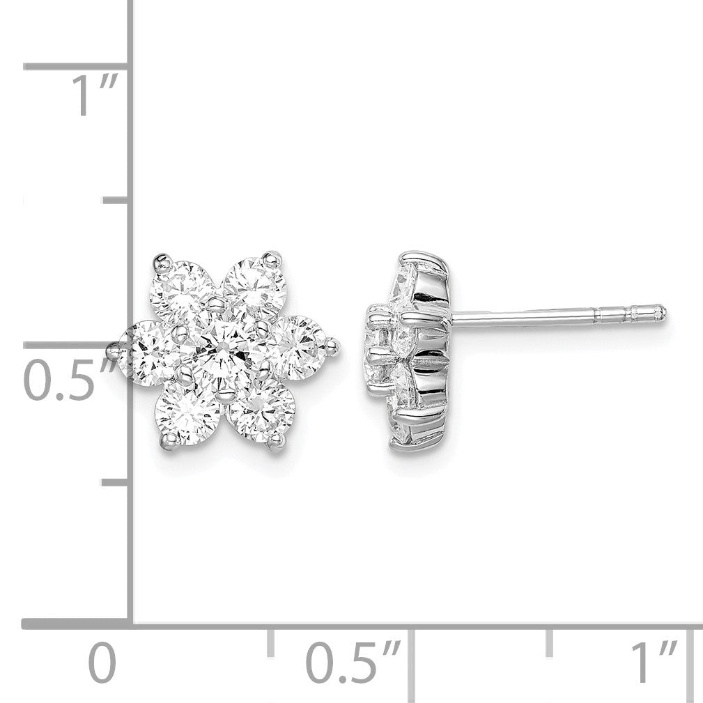 Sterling Silver Rhodium Plated CZ Post Flower Earrings