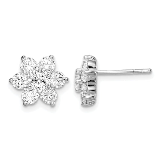 Sterling Silver Rhodium Plated CZ Post Flower Earrings