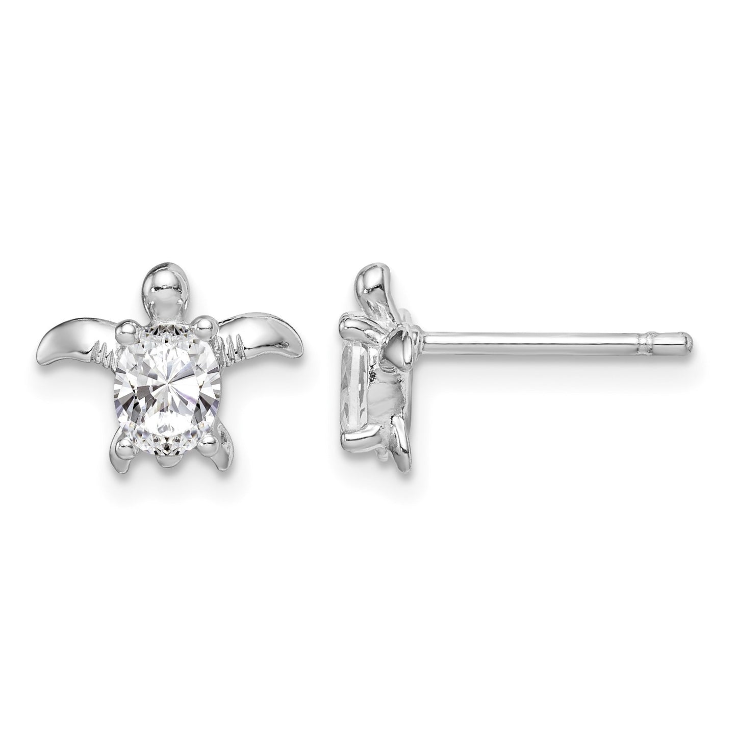 Sterling Silver Rhodium Plated CZ Turtle Post Earrings